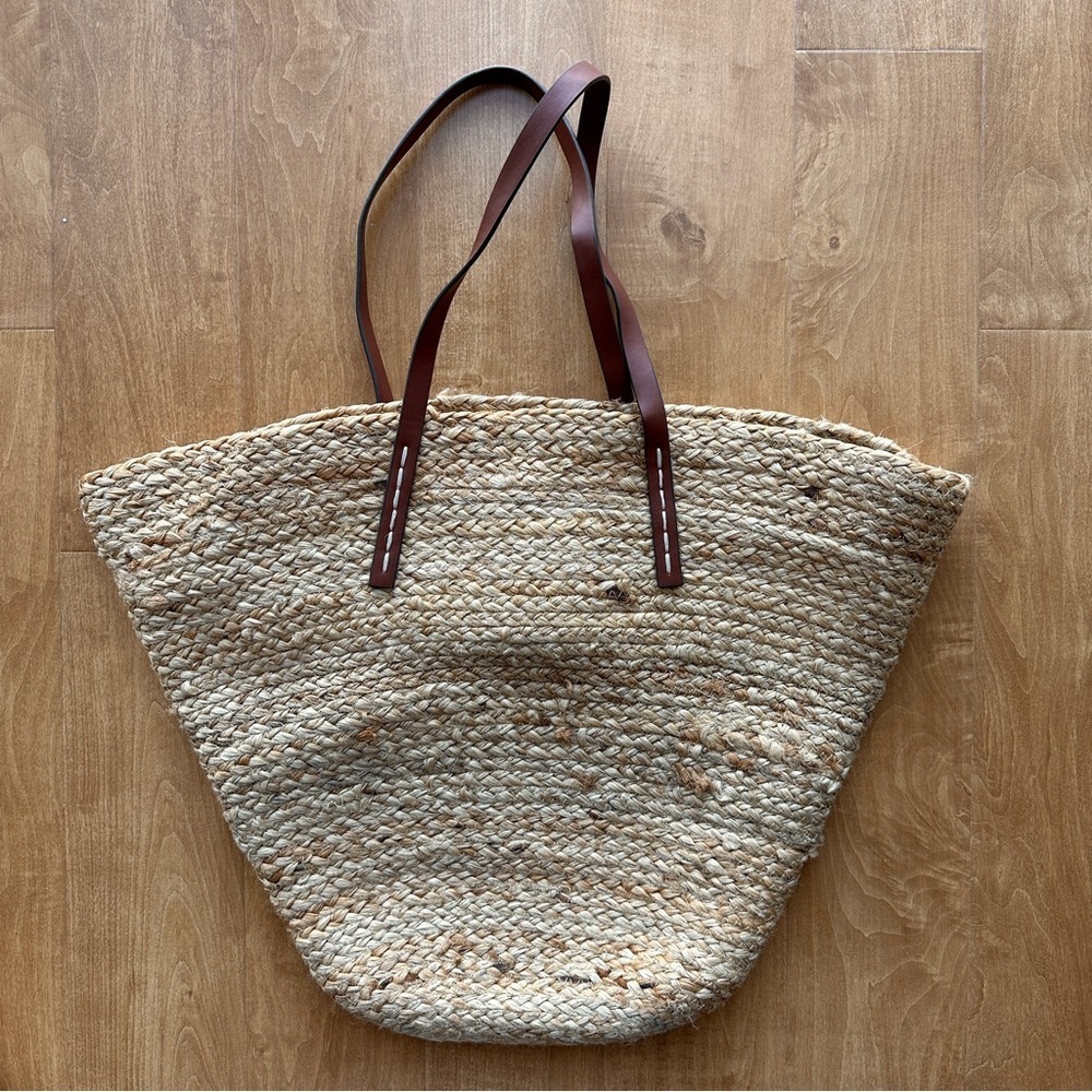 Mango Jute Basket Bag, Large Beach Tote, Drawstring Vacation Leather Handle Bag - Picture 2 of 15